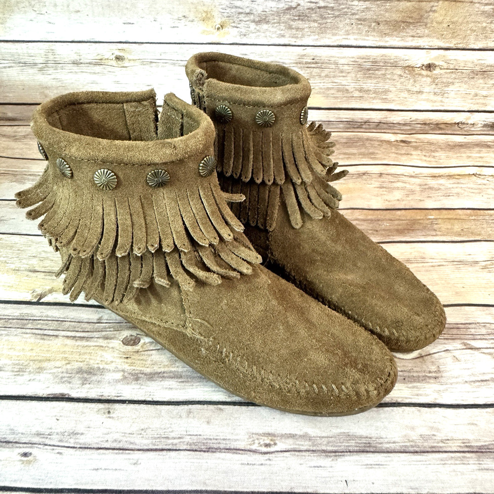 Minnetonka Womens Brown Suede Leather Fringed Studded Southwestern Boho Booties